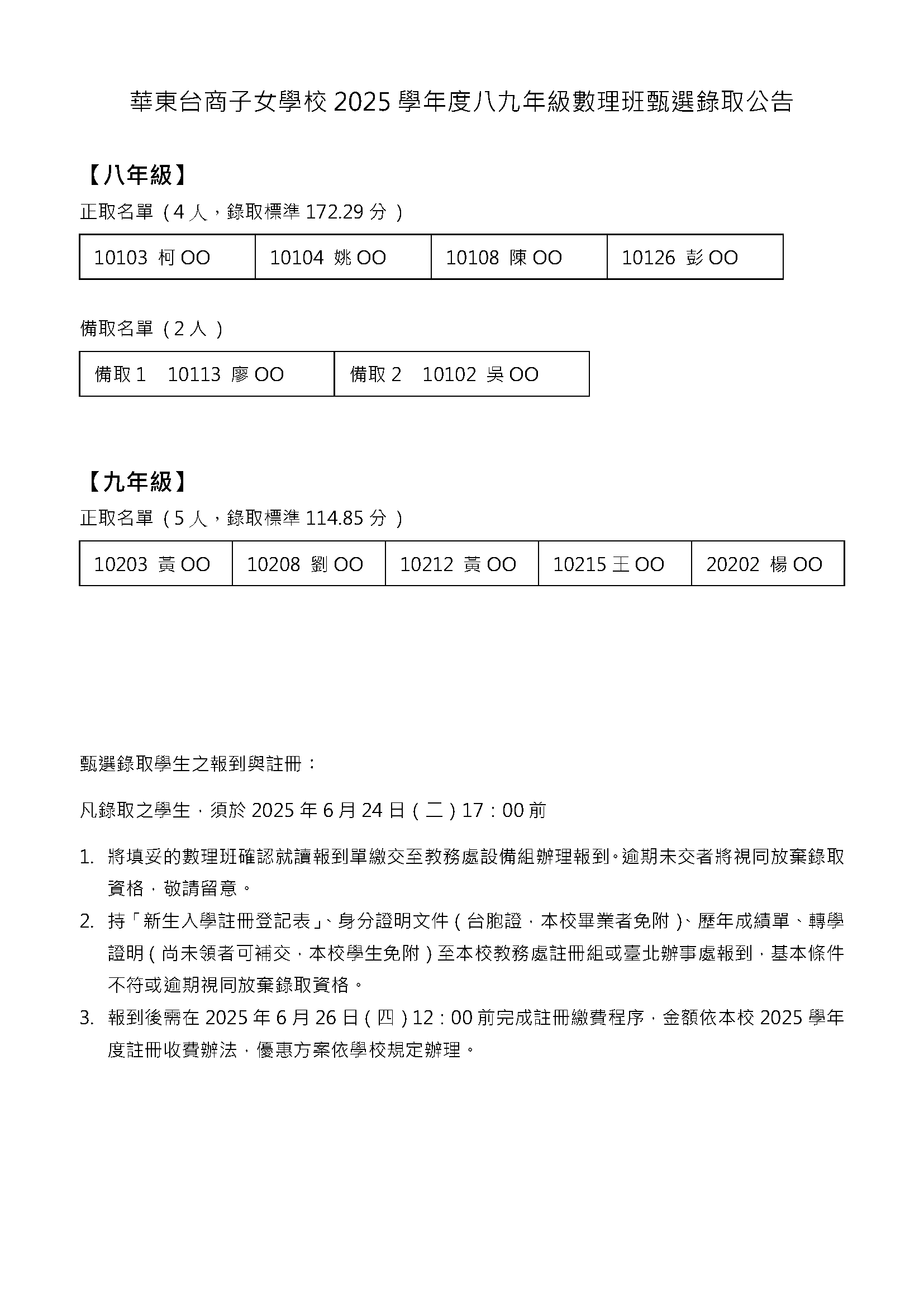 華東台商子女學校2025學年度八九年級數理班甄選錄取公告
